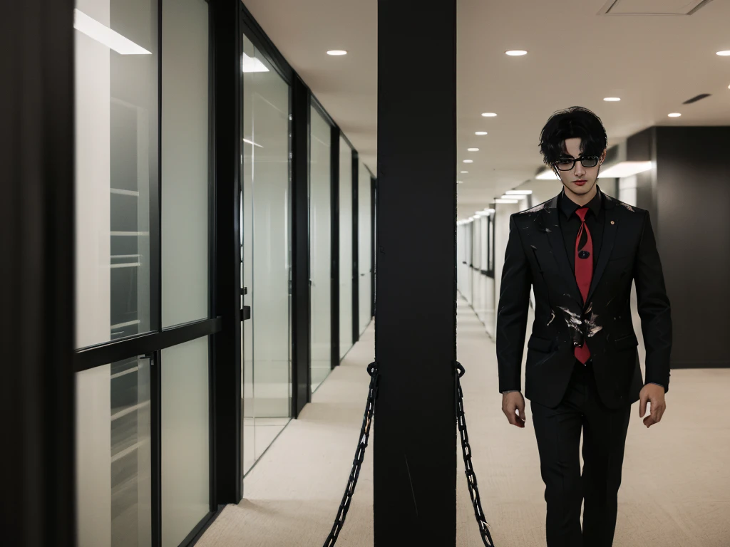 Photorealistic, dark vibes, solo, young man, Asian, facing camera, 26 years, model (short obsidian black messy hair:1.5), (red tie:1.3), (all black suit:1.3), black glasses, CEO, dark lighting, foreboding, luxury office, city background, holding chains