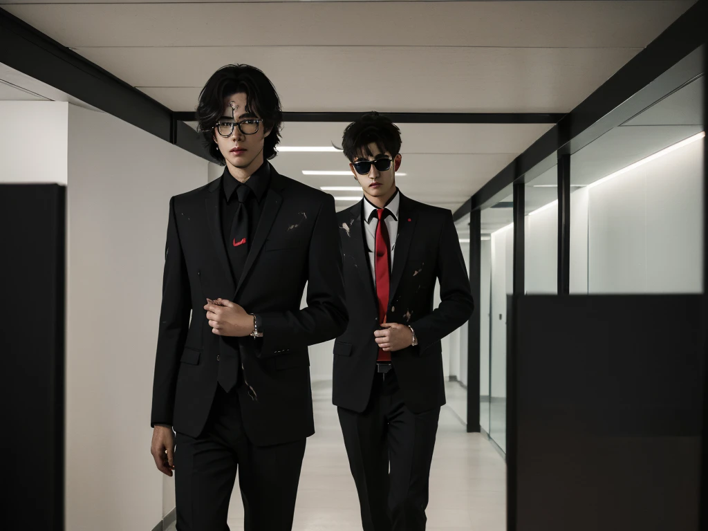 Photorealistic, dark vibes, solo, young man, Asian, facing camera, 26 years, model (short obsidian black messy hair:1.5), (red tie:1.3), (all black suit:1.3), black glasses, CEO, dark lighting, foreboding, luxury office, city background, holding chains