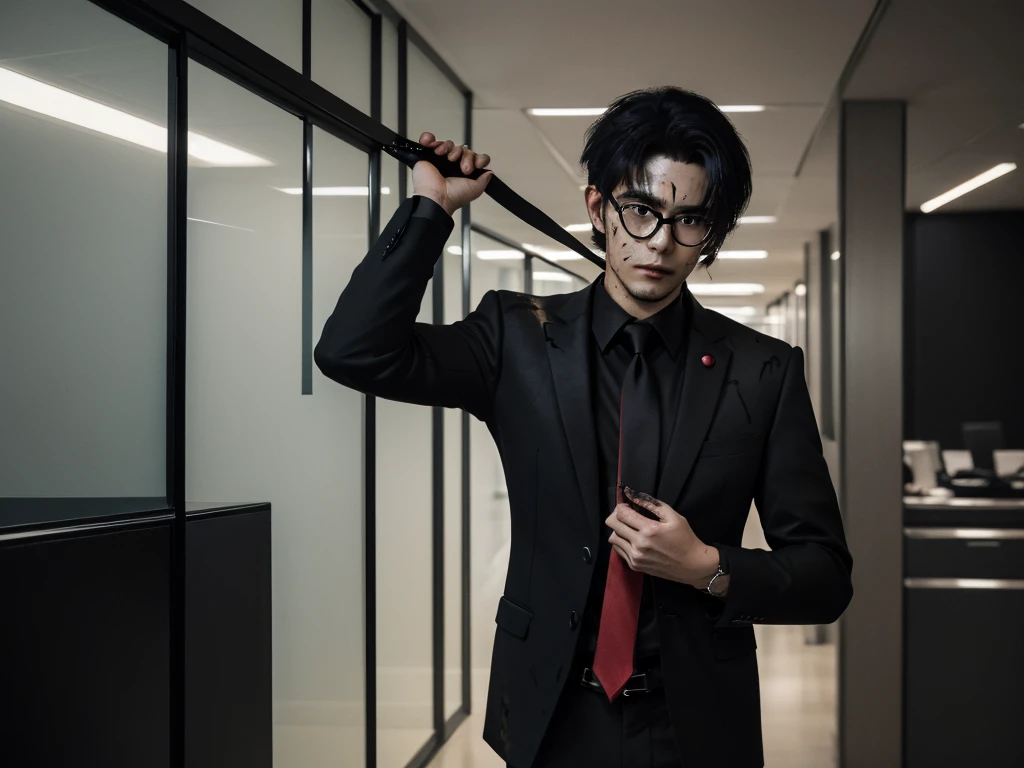 Photorealistic, dark vibes, solo, young man, Asian, facing camera, 26 years, model (short obsidian black messy hair:1.5), (red tie:1.3), (all black suit:1.3), black glasses, CEO, dark lighting, foreboding, luxury office, city background, holding chains