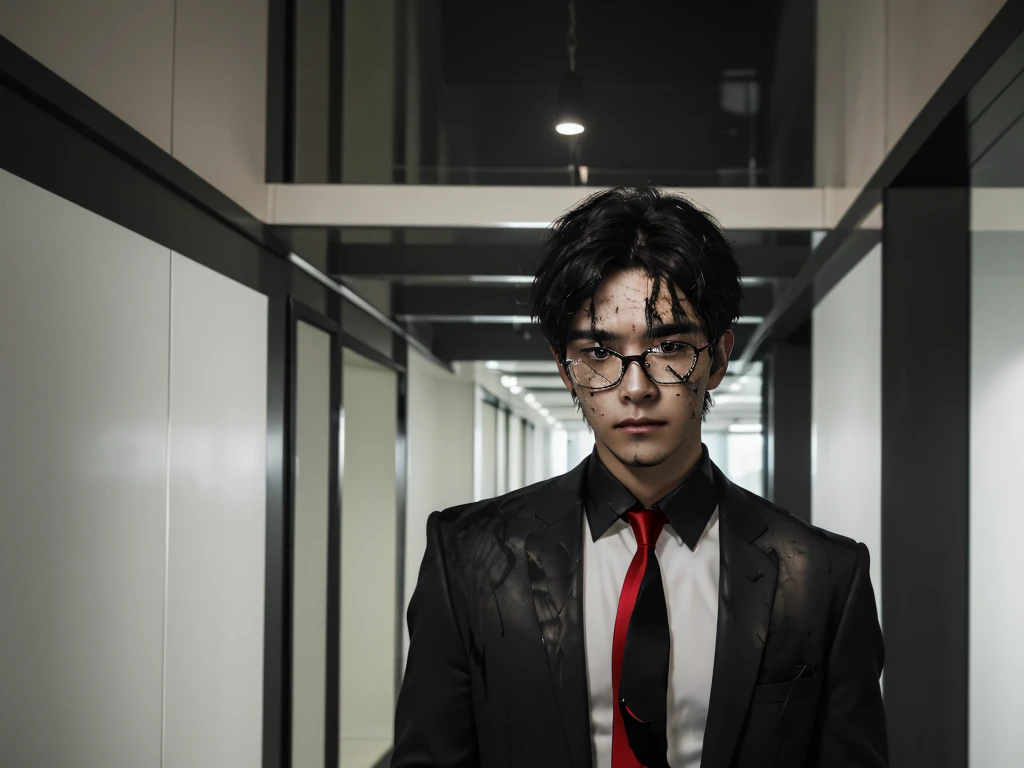 Photorealistic, dark vibes, solo, young man, Asian, facing camera, 26 years, model (short obsidian black messy hair:1.5), (red tie:1.3), (all black suit:1.3), black glasses, CEO, dark lighting, foreboding, luxury office, city background, holding chains