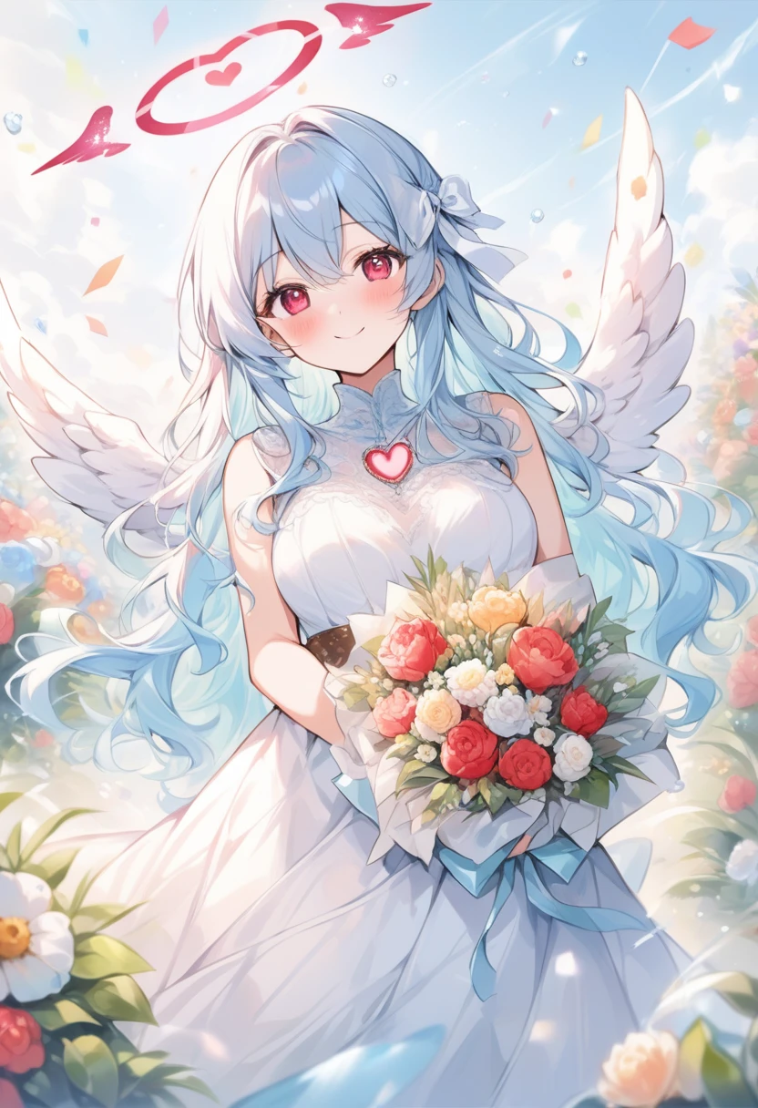 score_9, score_7_up, score_6_up, source_cartoon, source_anime, 1girl, breathtalking Scenery,watercolor,smooth soft skin, natural skin,mjm
BREAK
(20 years old:1.2),(large breasts:1.3),Oily skin,smile,ultra cute face,(alluring physique:0.9),(Clione girl),coquettishly,slender,(small eyes:0.8),(adult:0.8)
BREAK
(Long wavy hair:1.4), (Light blue hair:1.3),(pearlwhite angel wings round fold:1.5),(garnet eyes:1.1),(angel wings inspired by ice and snow),large intake hairstyle,
BREAK
(Perfect red Heart shaped angel halo:1.5),(Heart shaped red angel halo of light:1.1),(Heart mark angel halo:1.5),(Heart shaped pendant:1.3),angel halo motif red heart,holding flowerbouquet,(empire-Line wedding dress:1.1),looking up,upturned eyes,high heel,full face blush,embarrassed,silk veil,silk cape,The gentle waves lapped against the sandy shore, inviting barefoot walks along the pristine beach,