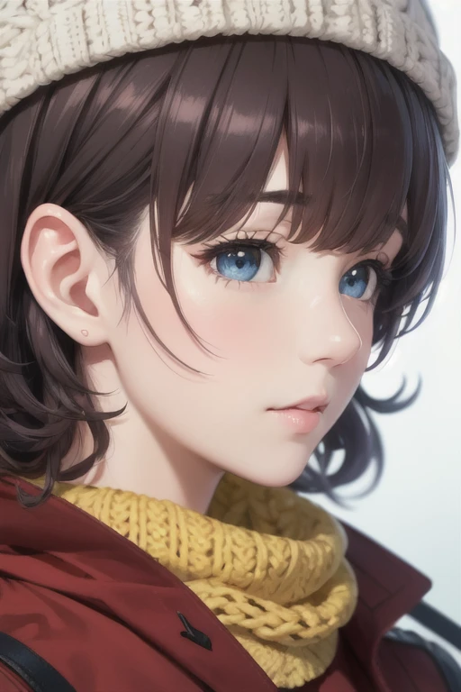 girl,Character design sheet,Beautiful attention to detail,Beautiful lip detail,Very detailed目と顔,Long eyelashes,Realistic,photoRealistic:1.37,Very detailed,Professional,Vibrant colors,Portraiture,Studio Lighting,Physically Based Rendering,High resolution,超High resolution. blue eyes,Big eyes,Long Hair,Curly hair、Black Hair,Red cheeks,Lower eyes,Knitted hat,Scarf,coat、pants,boots,profile