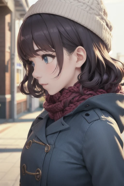 girl,Character design sheet,Beautiful attention to detail,Beautiful lip detail,Very detailed目と顔,Long eyelashes,Realistic,photoRealistic:1.37,Very detailed,Professional,Vibrant colors,Portraiture,Studio Lighting,Physically Based Rendering,High resolution,超High resolution. blue eyes,Big eyes,Long Hair,Curly hair、Black Hair,Red cheeks,Lower eyes,Knitted hat,Scarf,coat、pants,boots,profile