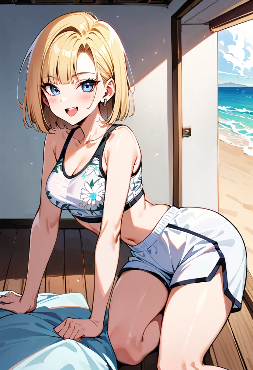 (Artwork, Highest quality:1.2),1 girl, (Independent), Android 18 from Dragon Ball, ((White floral print sports bra, White Dolphin Shorts)), Medium chest, Blunt bangs, Short blonde, Black eyes, Earlobe Earrings, Lean, Slender female figure, Thin body, blush, Nice views, Blur the background, 8k, clavicle, null, Bright and sunny, smile, Open your mouth wide, white new balance shoes, Beachfront, Tight slit, whole body,