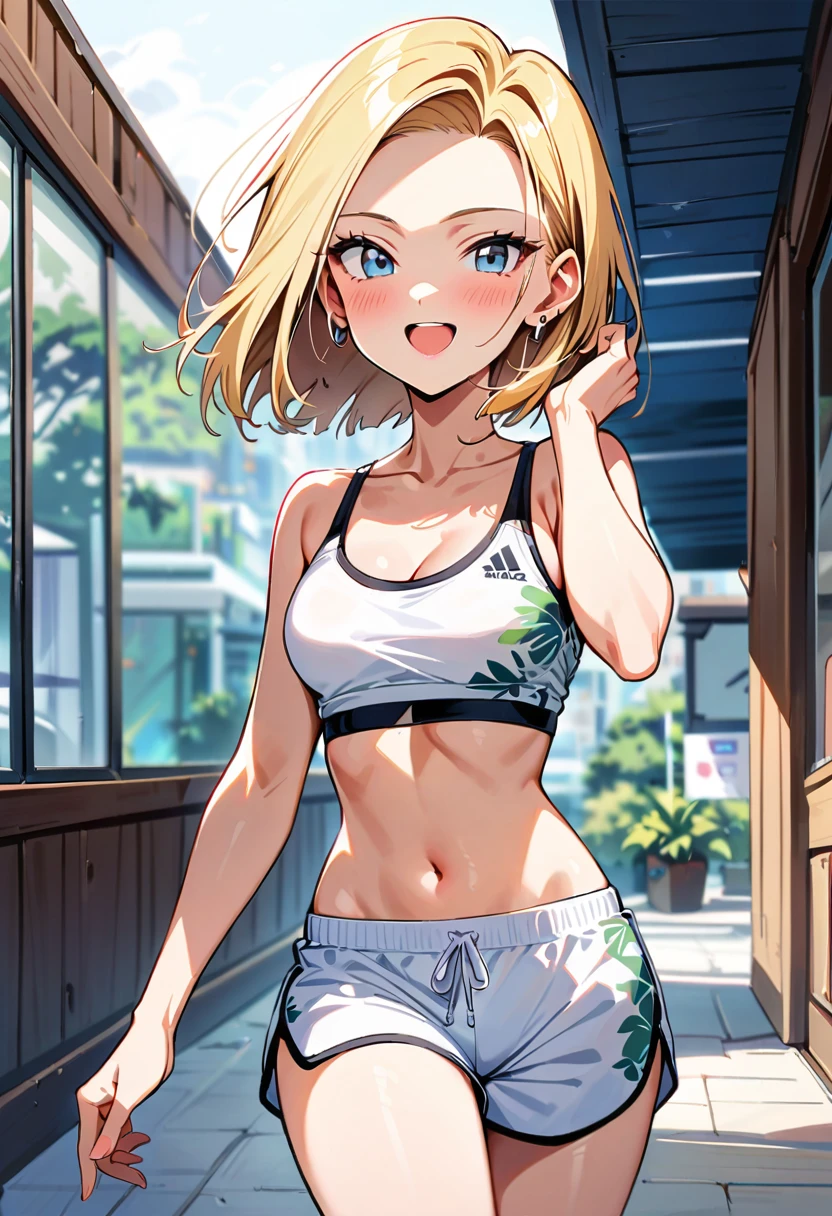 solo, 1girl, yamanaka ino, smile, looking at viewer, hand on hip, leaning forward, hair over one eye, ponytail, hairclip, crop top, sleeveless, skirt, fishnets, earrings, outdoors, forest 