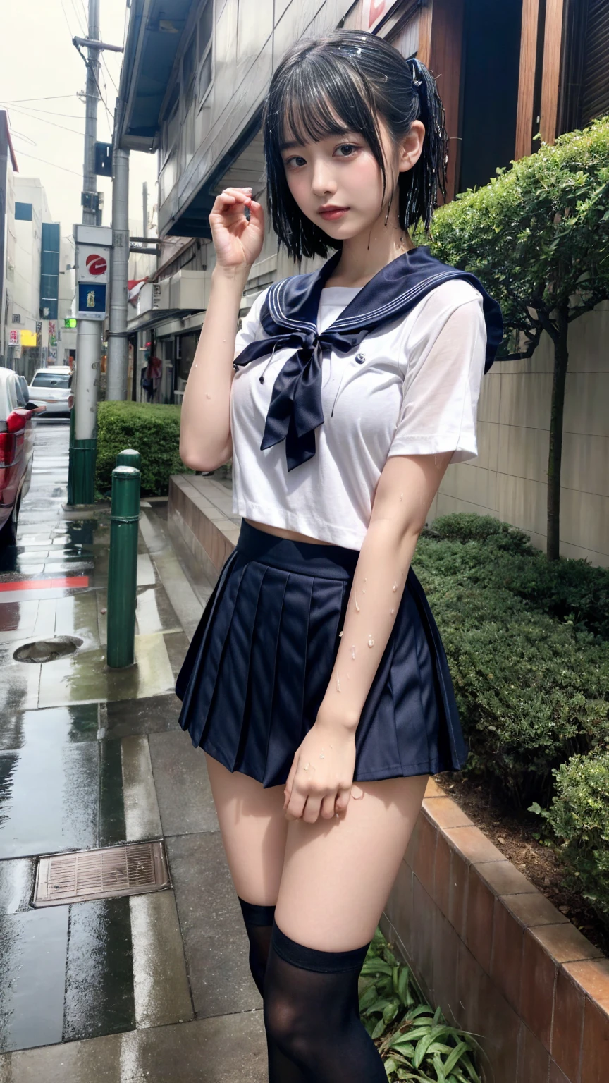 masterpiece, best quality, illustration, Super detailed, fine details, High resolution, 8K,wall paper, perfect dynamic composition,(Details High quality, realistic depiction of eyes:1.3), short hair, (wavy hair:1.2), (Black Sailor Uniform, serafuku, Navy pleated skirt), (nup, wet:1.2), huge breasts, black hair color, Big Natural Color Lip, bold sexy pose, crying a little、cold gaze, Harajuku style、20 year old girl、cute type、lolita、beautiful legs, hotel room, full body photo、focus on crotch, hposing Gravure Idol