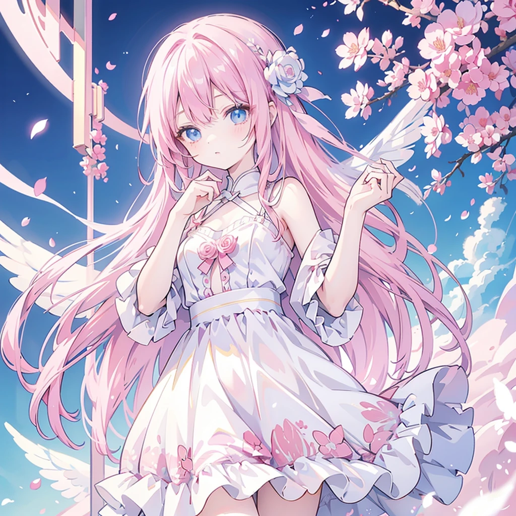 Pink hair, anime girl, long hair, cute girl, beautiful blue eyes, flower petals, pink tone, pale skin, white dress, masterpiece, HD, 4K, pink wings, angel, rose, fantasy, butterfly