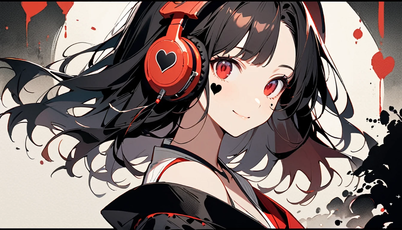 ((Ink Painting)), (((1 girl))), (((Heart tattoo on face))), (((Gorgeous hair accessories))), Japanese style headphones, face close-up, Japanese beautiful girl, Black Hair, Put your hands on your face, smile, devil, Droopy eyes, Red eyes