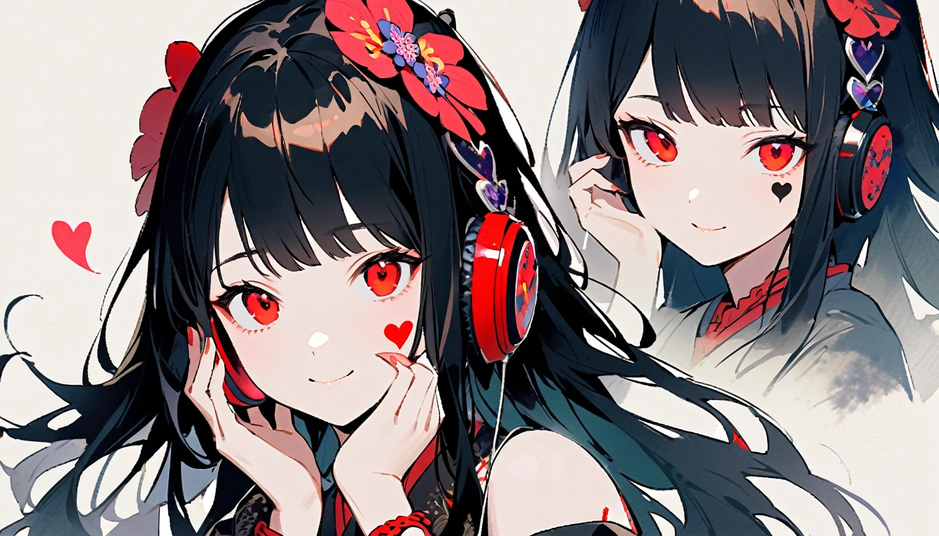 ((Ink Painting)), (((1 girl))), (((Heart tattoo on face))), (((Gorgeous hair accessories))), Japanese style headphones, face close-up, Japanese beautiful girl, Black Hair, Put your hands on your face, smile, devil, Droopy eyes, Red eyes
