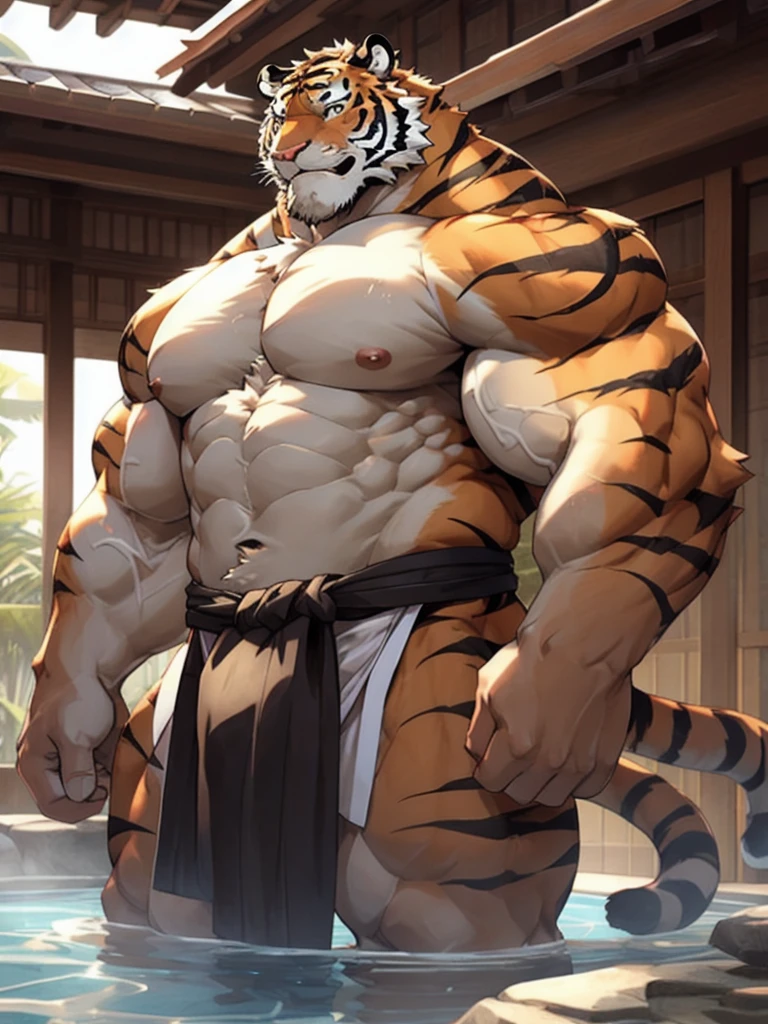 realistic rendering, CG realistic, semirealistic:1.3, 3d realistic, muscular old man soak in the onsen, fundoshi, furry, an anthro (tiger), an anthto, a old man big muscular, happy expression, detailed face, face, detailed eyes, eyes, really big muscle, bigger muscle, very big muscular, over sized muscle, biggest muscle, big pec muscular, biggest pec muscle, detailed muscle, photography, background