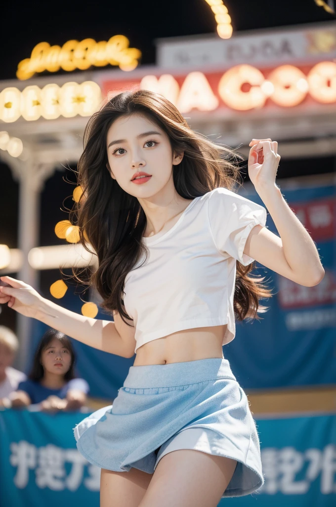 (((best quality))), (((ultra detailed))), (((masterpiece))), illustration,((a beautiful girl,solo)),((slim,thin)),((small breasts,flat chest,claviclis,navel)),(blue short sleeves:1.2),(white T-shirt:1.3),(blue mini-skirt:1.3),(slender legs:1.2),dancing,((on a stage,outside a shopping mall, at the entrance of a beer promotional event,on the street)), ((surrounded by crowded crowds)),((her hair and the edges of her skirt fluttering in the air)), the girl's attire reflecting the vibrant spirit of summer, a sense of youthful charm and confidence exuding from her, her hair flows freely in the wind, the fluttering skirt accentuating her graceful movements, her expressive eyes and infectious smile drawing people closer, the stage adorned with colorful decorations, the vibrant atmosphere enhanced by the enthusiasm of the crowd, onlookers of various ages captivated by her performance, clapping, cheering, and taking photos, the girl's graceful dance transforming the ordinary streets into a vibrant and lively venue, her energy and charisma captivating the audience, the scene encapsulating the spirit of summer and the beauty of artistic expression,(night scene:1.3),(from front:1.3)