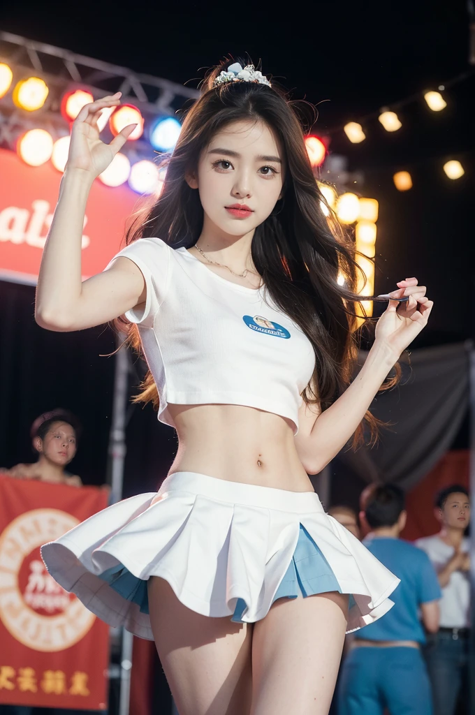 (((best quality))), (((ultra detailed))), (((masterpiece))), illustration,((a beautiful girl,solo)),((slim,thin)),((small breasts,flat chest,claviclis,navel)),(blue short sleeves:1.2),(white T-shirt:1.3),(blue mini-skirt:1.3),(slender legs:1.2),dancing,((on a stage,outside a shopping mall, at the entrance of a beer promotional event,on the street)), ((surrounded by crowded crowds)),((her hair and the edges of her skirt fluttering in the air)), the girl's attire reflecting the vibrant spirit of summer, a sense of youthful charm and confidence exuding from her, her hair flows freely in the wind, the fluttering skirt accentuating her graceful movements, her expressive eyes and infectious smile drawing people closer, the stage adorned with colorful decorations, the vibrant atmosphere enhanced by the enthusiasm of the crowd, onlookers of various ages captivated by her performance, clapping, cheering, and taking photos, the girl's graceful dance transforming the ordinary streets into a vibrant and lively venue, her energy and charisma captivating the audience, the scene encapsulating the spirit of summer and the beauty of artistic expression,(night scene:1.3),(from front:1.3)
