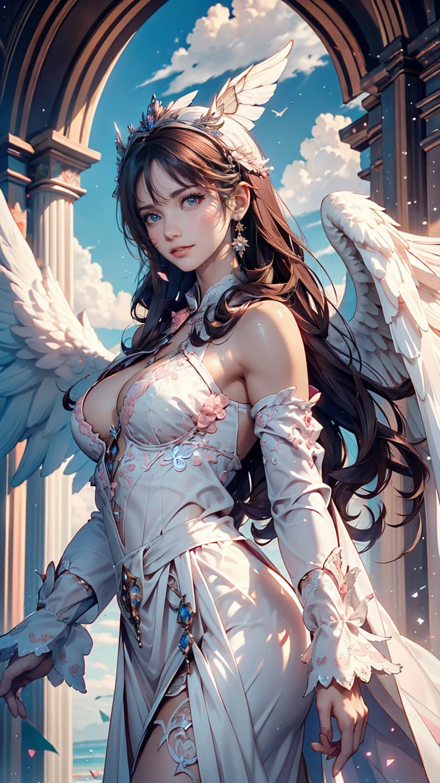 ((RAW Photos)), ((masterpiece)), Anthropomorphic humanoid angel girl in white royal robes, Intricate details, running, A complex Greebles piece, Sky Behind, pink, Beautiful Wings, Fine eyes and lips
