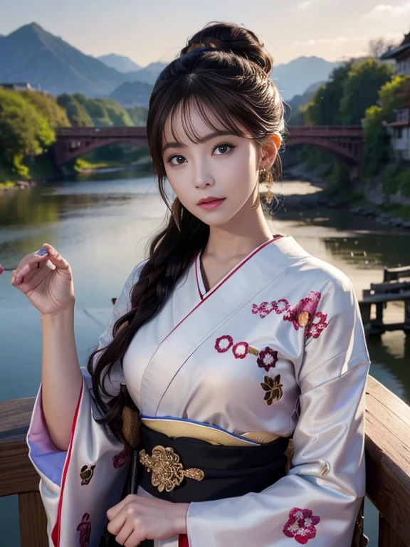 (Highest quality、 8k 、masterpiece、High resolution)、(whole body)、Vibrant colors、Brown-black bob、Traditional round topknot、Ample breasts、(Highly detailed face and eyes、Beautiful Face、Beautiful Eyes、Beautiful nose、Pretty lips)、 (Beautiful woman standing on a riverside observation deck)、(A friendly gaze)、(Oh!！Facial expression that)、(Vivid floral patterned kimono)、Official Art、  The background is a wide river、Nearby bridge、Riverside streetscape、Mountains in the distance、Detailed CG、