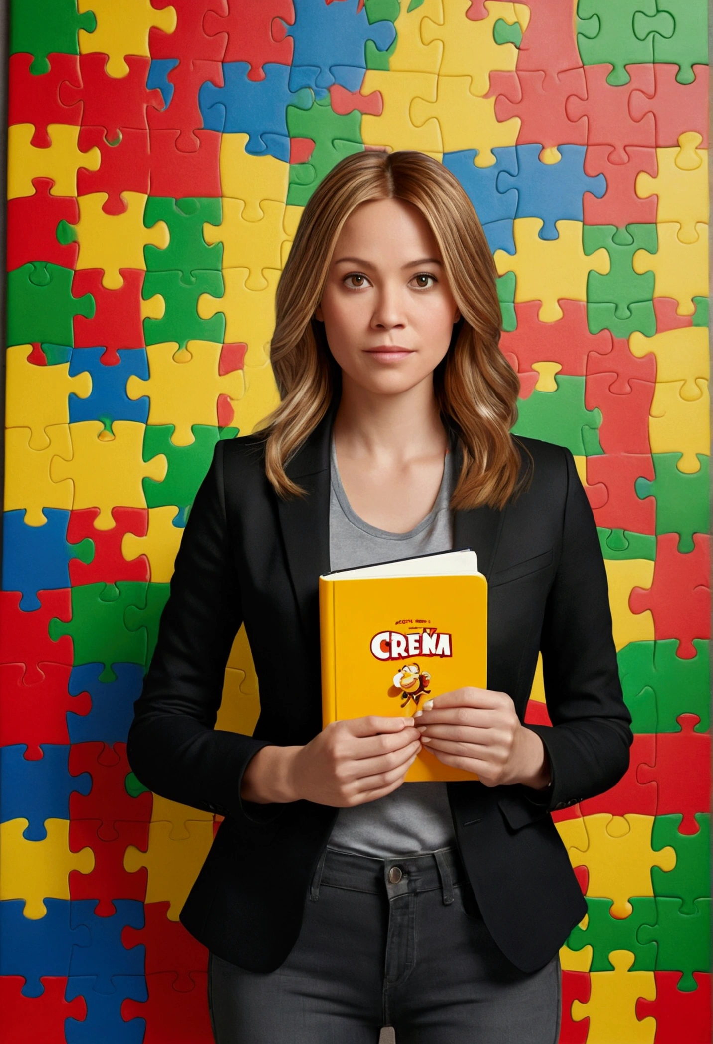 3D PIXAR STYLE POSTER. woman 37 years old, with light skin, Very straight dark blonde hair with lighter highlights , honey colored eyes, black blazer, black jeans pants, gray shirt, White sneakers, notebook in hand, BACKGROUND WITH RED PUZZLE, cerúleo, green and yellow.