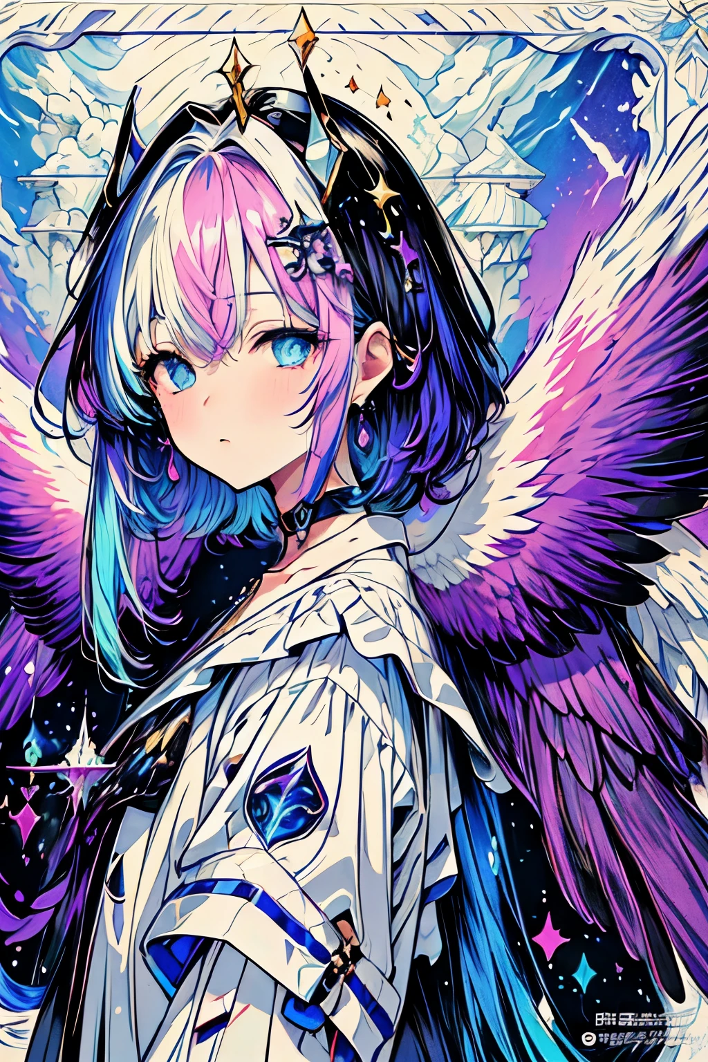 High resolution, masterpiece, Highest quality, One boy、Embarrassed、Purple Hair、Inner colorlight blue、Gradient color hairstyle, Diagonal bangs, Asymmetrical bangs, short hair、Asymmetrical Short、slacks、Wear warm clothes、Odd Eye、Attractive eyes、20-year-old、adult、headphone、music、magic、fallen Angel、Fantasy、moonlight、Moon God、vivid、choker