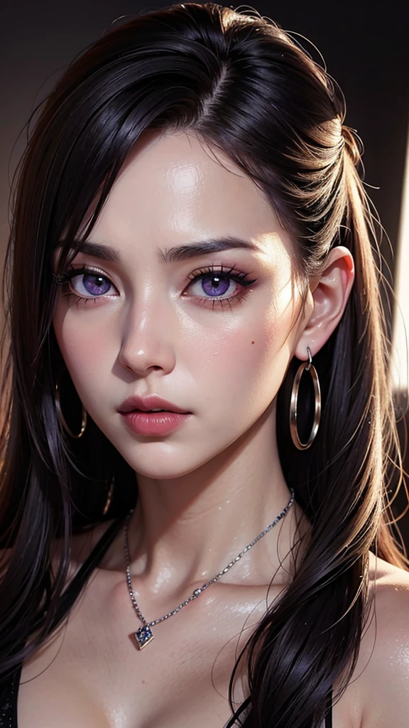 picture, ProFessional Full body, (detailed Face and eye:1.4), Purple eyes,Deep rifts, colorFul, color photography oF woman, (dark makeup), necklace, Earrings, (Dark lipstick), Split lips, sharp Focus, Focus on Face, Insanely sharp details, Very detailed, gigantic breasts in Frame, 4K HQ, 8k, depth oF Field, F/1.2, Leica, 8k HDR, High contrast, Highly retouched, Shadows, sad, Award-winning photography, The best photographers.
