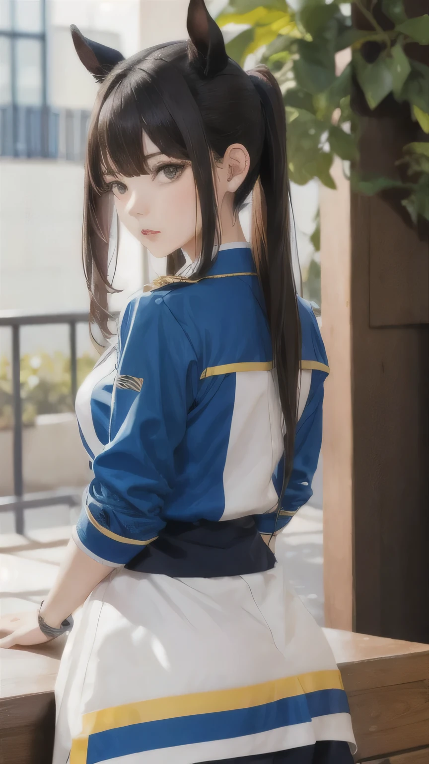 Deep Impact personified,Horse-eared beauty,Horse tail,Horse Girl,Black, blue and yellow outfit,Highest quality,Sharp focus