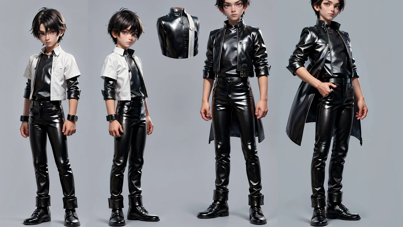cute face boy, cute face, short height boy, wearing leather black pent and shirt, full standing pose, black hairs, Character Sheet, 12 yo student, Full body, Simple white background, front pose character reference sheet, Concept art, design sheet