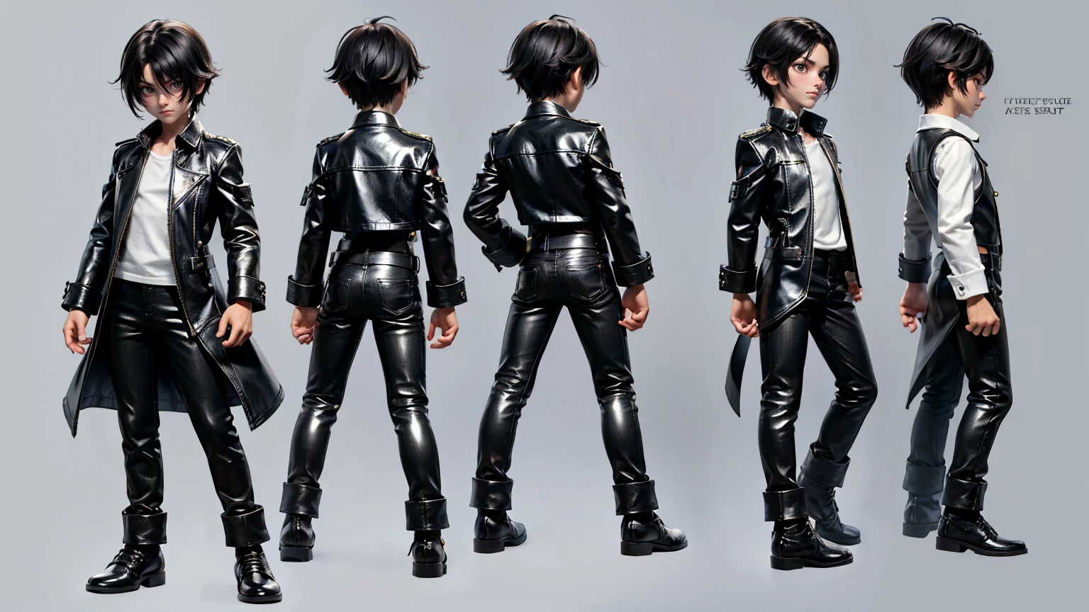 cute face boy, cute face, short height boy, wearing leather black pent and shirt, full standing pose, black hairs, Character Sheet, , Full body, Simple white background, front pose character reference sheet, Concept art, design sheet
