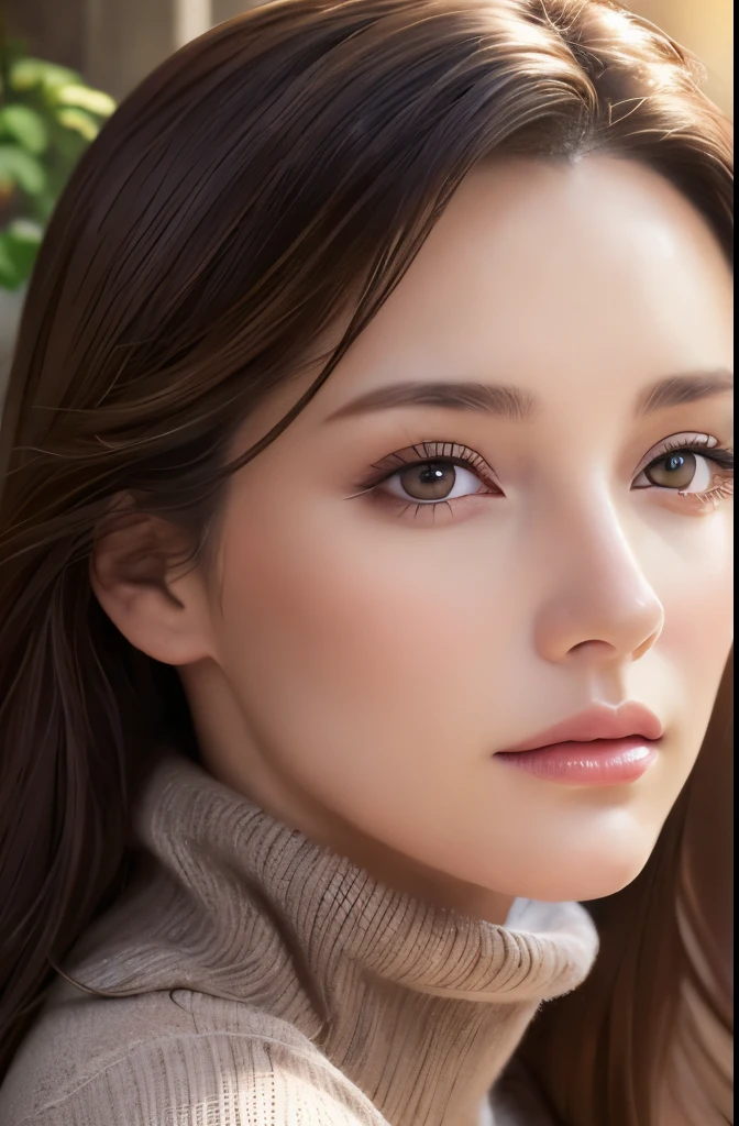 a beautiful mature woman, in a turtleneck sweater, relaxing in a hot spring, front view, hand-drawn, illustration style, detailed facial features, highly detailed, 8k, photorealistic, beautiful detailed eyes, beautiful detailed lips, extremely detailed face, intricate details, warm color palette, soft lighting, digital painting, masterpiece
