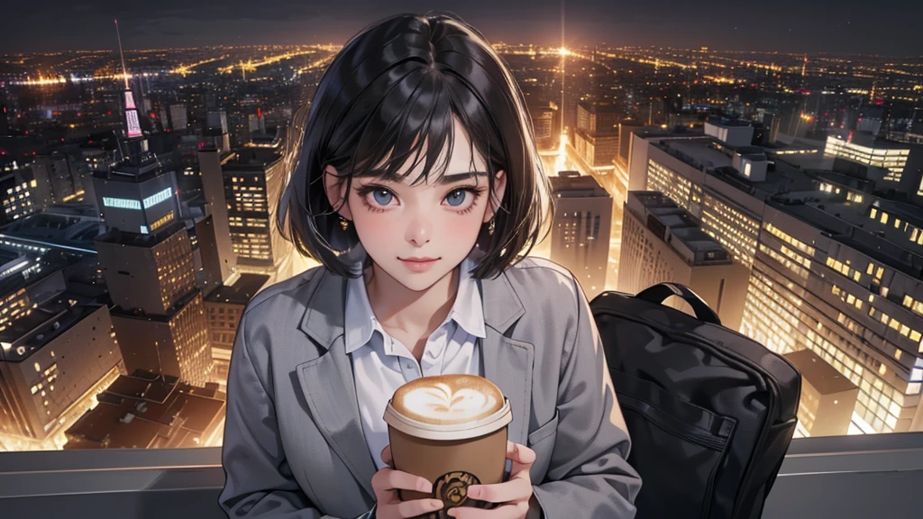 (perfect anatomy:1.2)(absurdres, highres, ultra detailed),masterpiece,best quality,high resolution,8k,Realistic face,Realistic skin texture,magnified textures, stunning clarity,detailed anime girl,(ultra detailed eyes and face),(1 girl:1.4),21 years old,office worker,black hair, bob cut,natural make,grey jacket,grey pants,black brouse,sparkling eyes.small nose,roundface,in the office room,(in the it corporate office:1.3)standing,brown bag,(No one in the city office:2),(night:1.4),（look at viewer),(Coffee is offered to the VIEWER :1.5)(Happy Smile:1.2)(bashful:1.2),upper body