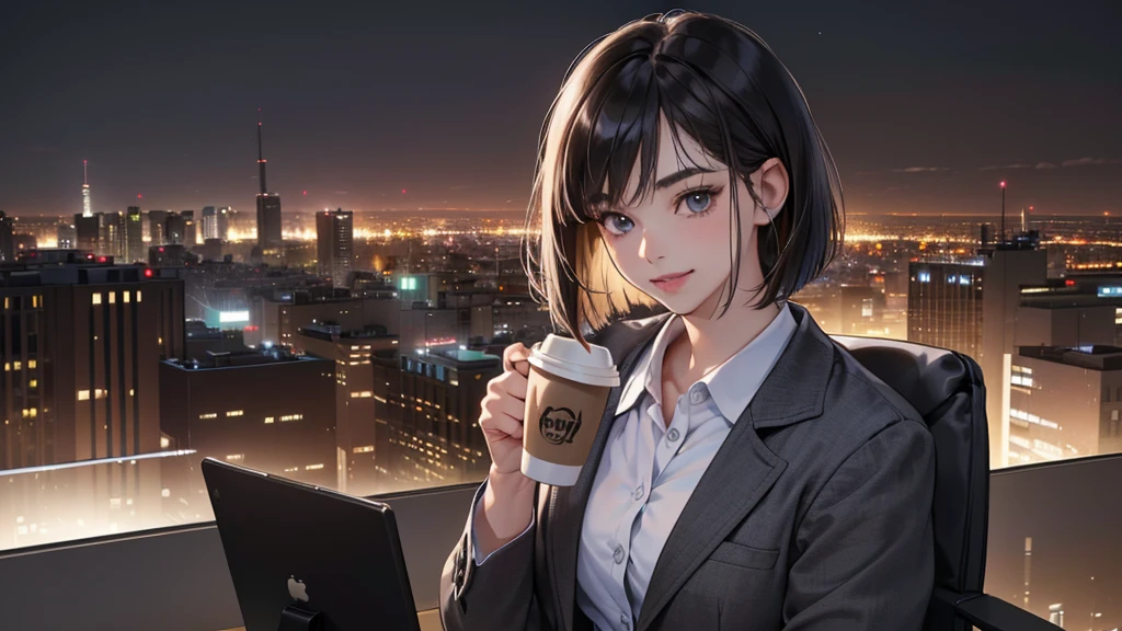 (perfect anatomy:1.2)(absurdres, highres, ultra detailed),masterpiece,best quality,high resolution,8k,Realistic face,Realistic skin texture,magnified textures, stunning clarity,detailed anime girl,(ultra detailed eyes and face),(1 girl:1.4),21 years old,office worker,black hair, bob cut,natural make,grey jacket,grey pants,black brouse,sparkling eyes.small nose,roundface,in the office room,(in the it corporate office:1.3)standing,brown bag,(No one in the city office:2),(night:1.4),（look at viewer),(Coffee is offered to the VIEWER :1.5)(Happy Smile:1.2)(bashful:1.2),upper body