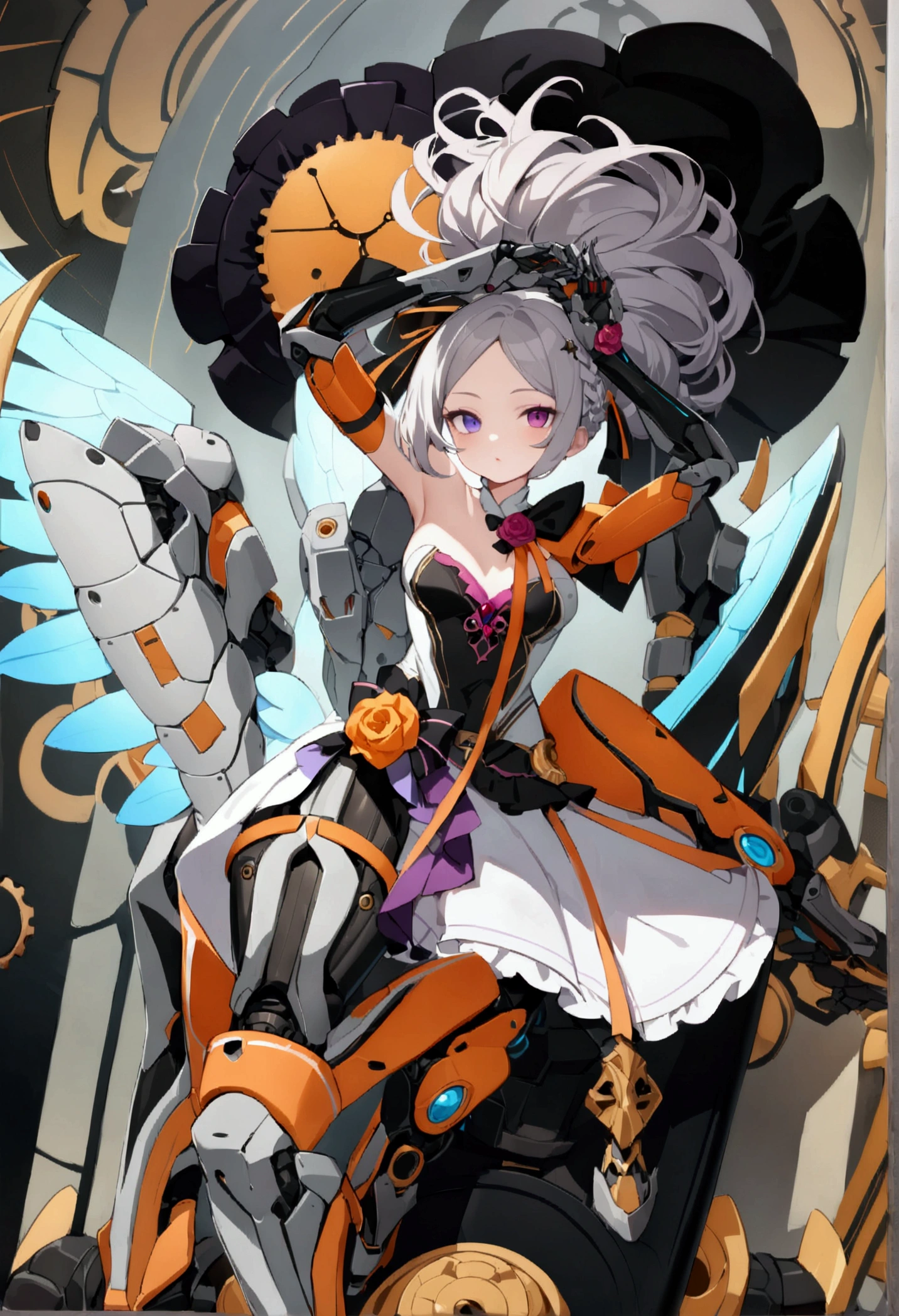woman 160 cm tall, slim build, , charming look, ((heterocromia: look like, derecho naranja y look like izquierdo violeta)), (Shoulder Length Wavy Gray Hair, He has a short braid on the left side of his hair., big open bangs, has a gear hairpin on the left side of the hair), (((complex mechanical legs up to the hip, The legs are black with gray parts with small pink details))), (((complex mechanical arms up to the elbows, The arms are black with gray parts with small pink details))), (complex mechanical angel wings of white color with dark gray parts), (elegant black French beret with an orange rose ribbon), (elegant thigh-length one-piece dress, short bell skirt, short sleeves, elegant black hip belt with orange parts, small rose brooch in the middle of the chest, beautiful stiletto heels with a medium ribbon at the back, blue and black ribbon decorations on the dress, small gears on the skirt of the dress), (((character design sheet: Front view))), ((full body)), extremely detailed beautiful hair, beautiful detailed dress, extremely detailed arms, extremely detailed face, (Extremely detailed hands), perfect hands, small face, hermosos look likes detallados, beautiful detailed lips, adorable, extremely detailed legs, (Best Quality, 8k, Ultra resolution), ultra detailed, Exquisite and epic character art, ((White background)), (Focus on symmetry).