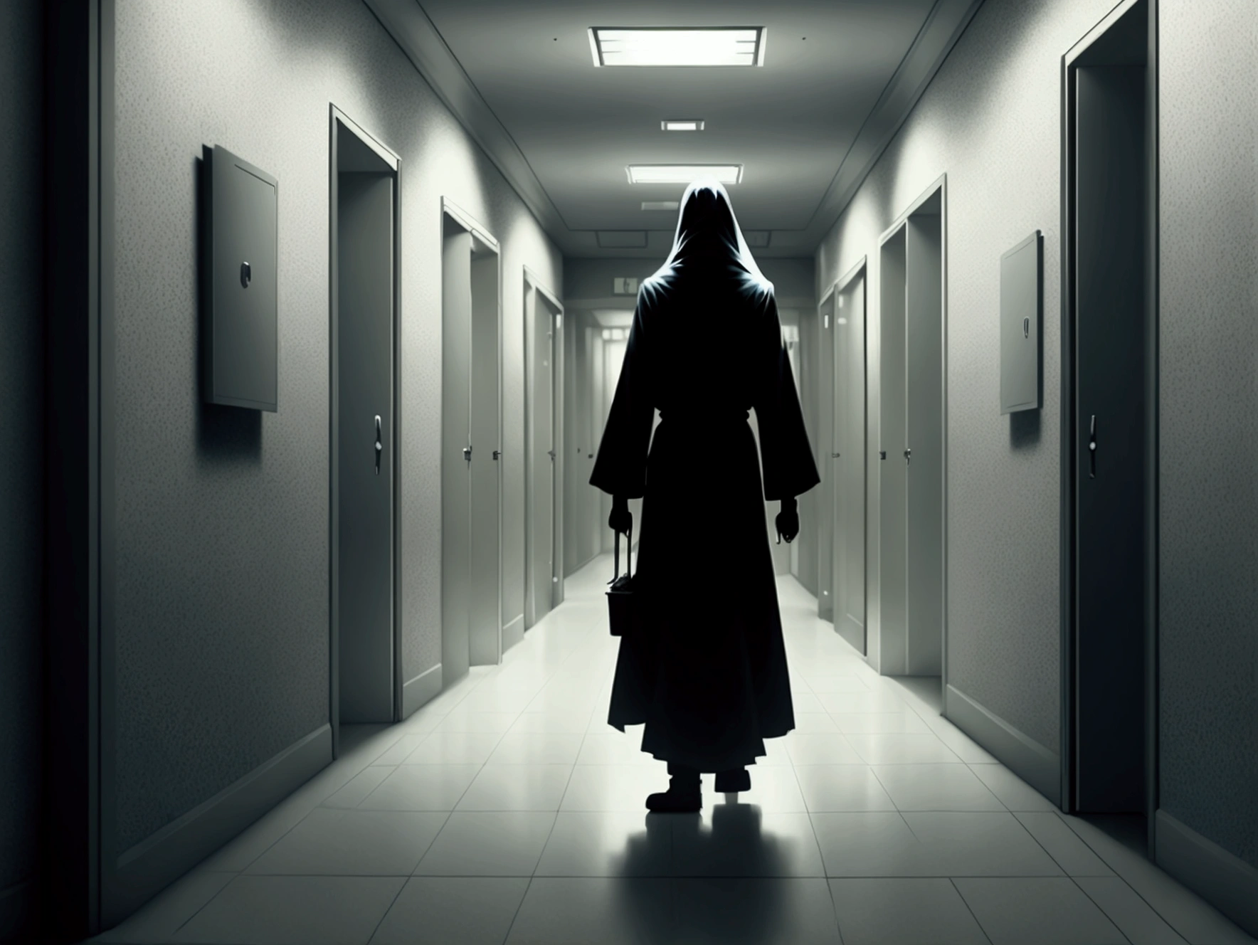 Create an image of a ghost in a hospital corridor, styled like a scene from a horror movie. The ghost should have an eerie, ethereal appearance, partially transparent, with a menacing aura. The hospital corridor is dimly lit, with flickering lights casting unsettling shadows. Elements like medical carts, doors, and signs typical of a hospital setting should be present in the background. The overall mood of the image should be chilling and sinister, evoking a sense of dread and fear.