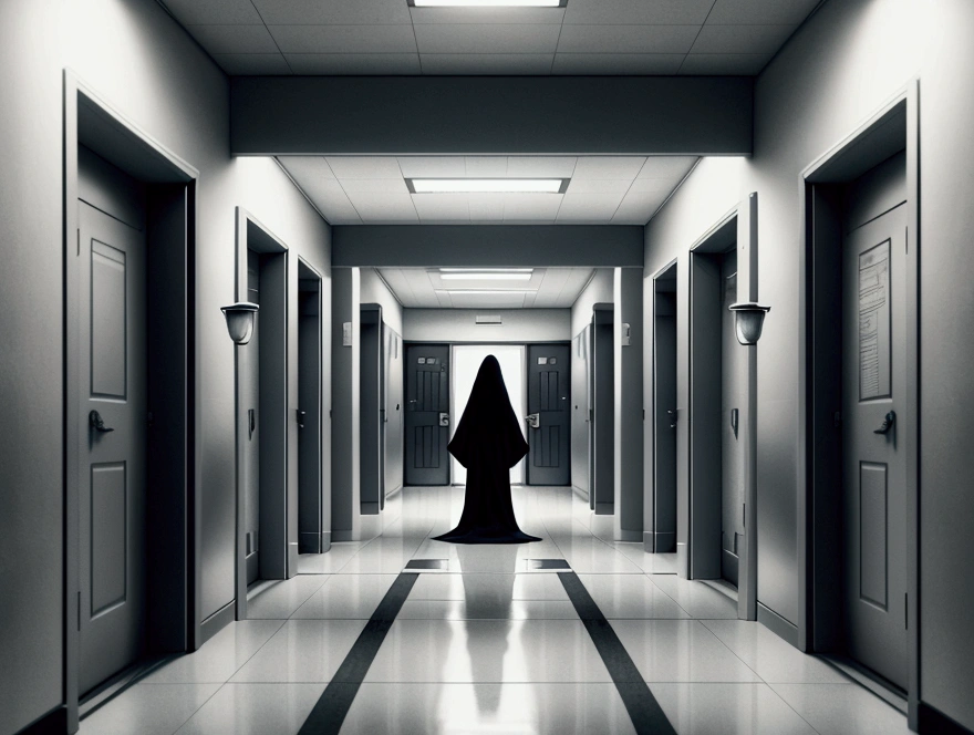 Create an image of a ghost in a hospital corridor, styled like a scene from a horror movie. The ghost should have an eerie, ethereal appearance, partially transparent, with a menacing aura. The hospital corridor is dimly lit, with flickering lights casting unsettling shadows. Elements like medical carts, doors, and signs typical of a hospital setting should be present in the background. The overall mood of the image should be chilling and sinister, evoking a sense of dread and fear.