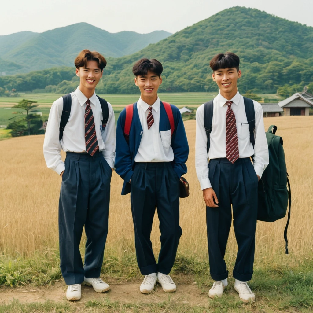 A group of three 19-year-old high school boys from a rural area in South Korea in the 1990s, standing outside with slightly tan complexions. They are all wearing typical 1990s school uniforms: white shirts, striped ties, and dark trousers. Their hair is short and neatly combed in classic 90s styles. One boy carries a vintage backpack over one shoulder, while the other two have their hands in their pockets. Their posture is relaxed yet slightly reserved, with one of them smiling shyly. The background features a picturesque countryside scene with fields, traditional Korean houses, and a distant mountain range under a clear blue sky. The overall vibe captures the nostalgic essence of the 1990s in rural South Korea.

