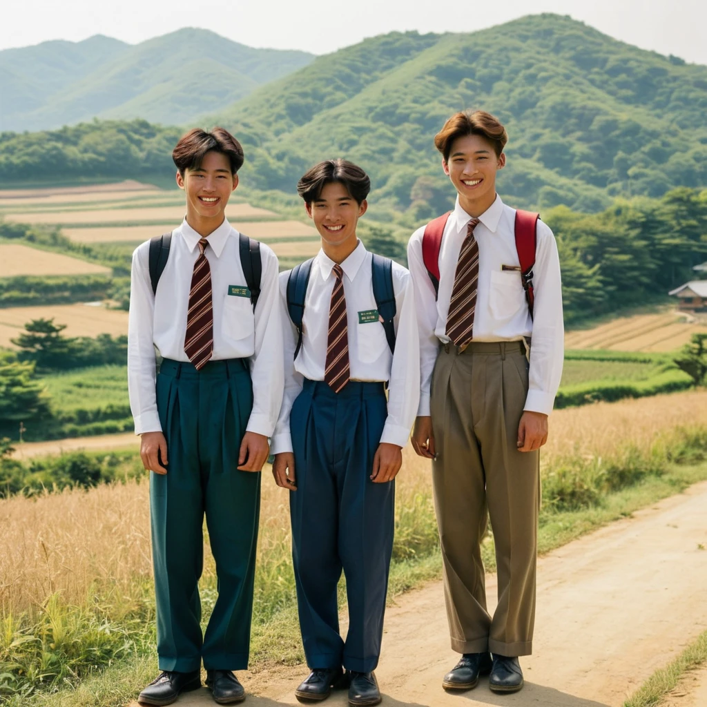A group of three 19-year-old high school boys from a rural area in South Korea in the 1990s, standing outside with slightly tan complexions. They are all wearing typical 1990s school uniforms: white shirts, striped ties, and dark trousers. Their hair is short and neatly combed in classic 90s styles. One boy carries a vintage backpack over one shoulder, while the other two have their hands in their pockets. Their posture is relaxed yet slightly reserved, with one of them smiling shyly. The background features a picturesque countryside scene with fields, traditional Korean houses, and a distant mountain range under a clear blue sky. The overall vibe captures the nostalgic essence of the 1990s in rural South Korea.