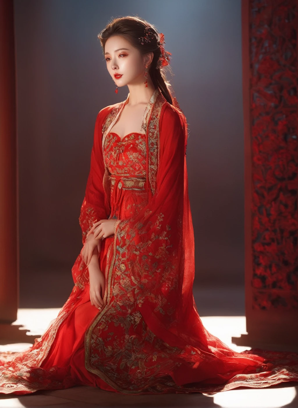 (masterpiece, best quality, Super detailed, best shadow), (Detailed background), (delicate face), high contrast, (best lighting, extremely delicate and beautiful), rich and colorful, Ultra-detailed, dramatic light, Beautiful background, intricate details, (1 girl, alone, rich and colorful hair, sharp face, red eyes, hair between eyes, dynamic angle, red clothes), looking at the audience, blood spatter,(Broken Grassach Circle, in the room, whole body, Detailed eyes, beautiful eyes, 8k, 4k, best quality, masterpiece, beautiful eyes, realism
