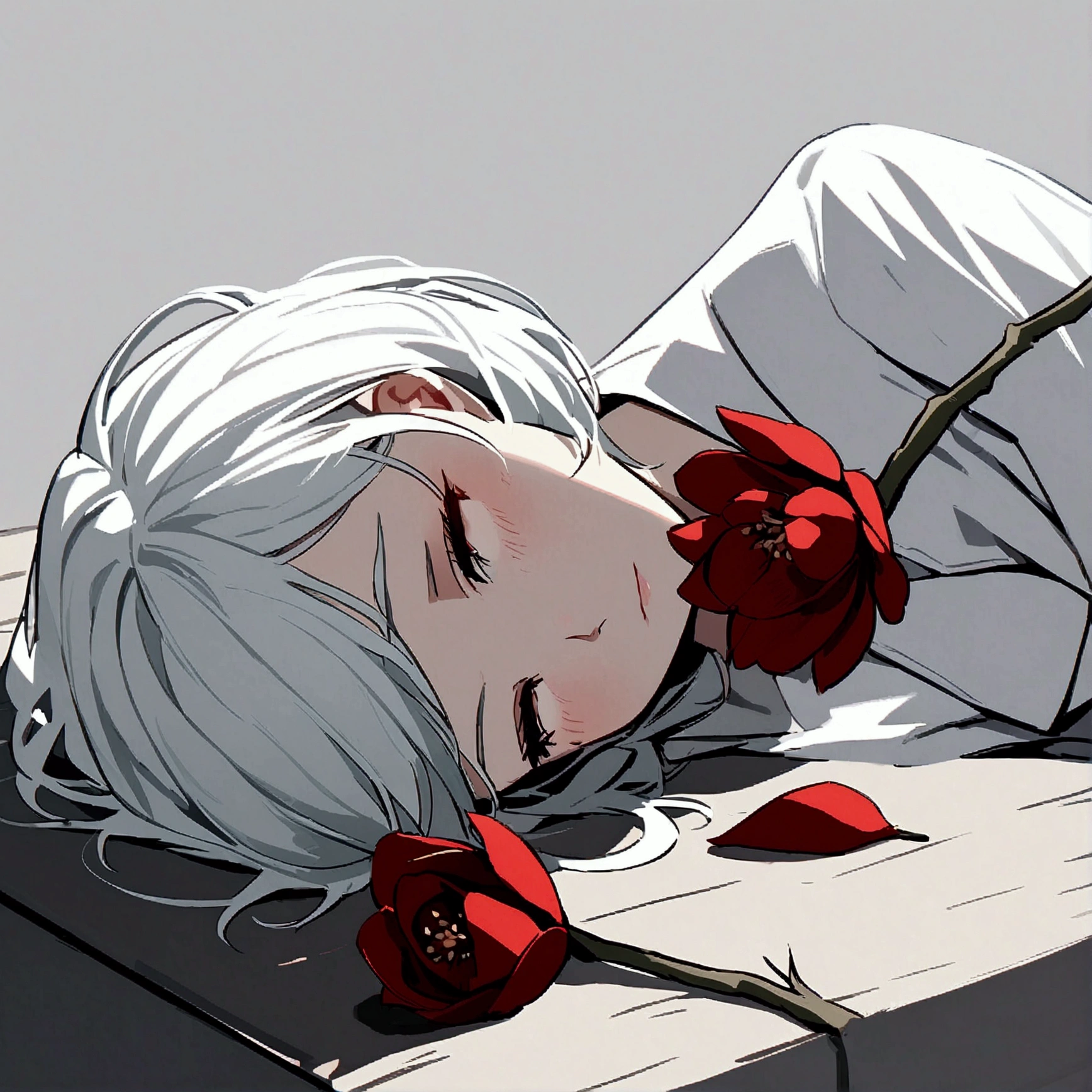 Light gray background, woman lying on bench, silver hair, short hair, withered red flower