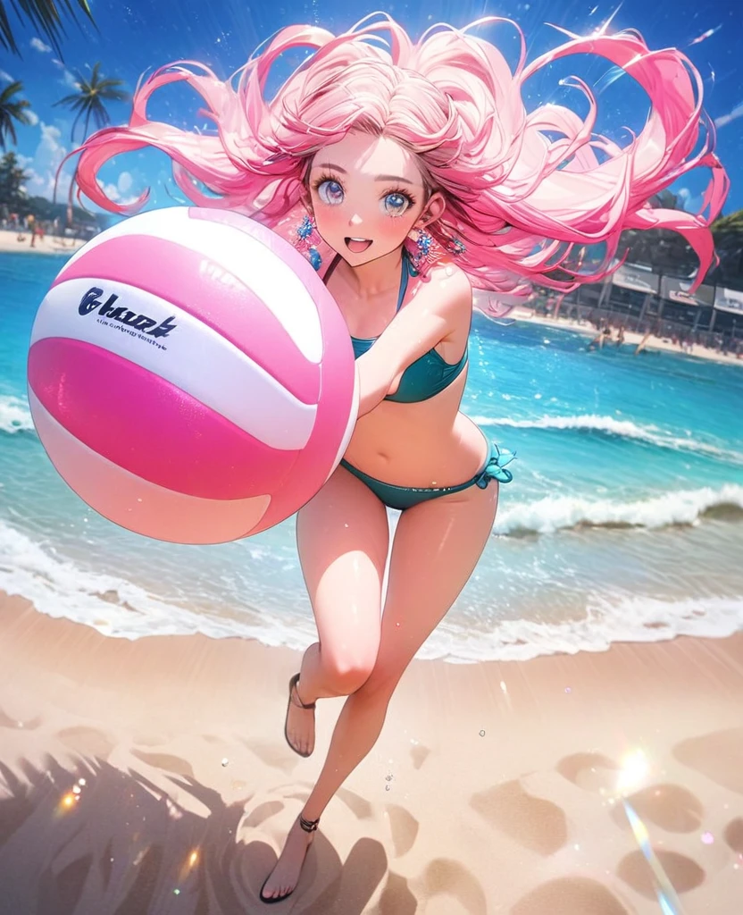 8K,gal,an extremely delicate and beautiful,Beautiful and realistic skin,Shiny jewel-like earrings,Shine like glitter long colorful hair,beautiful eyes,bikini,beach volleyball,pink ball,beautiful beach,glitter background,full body