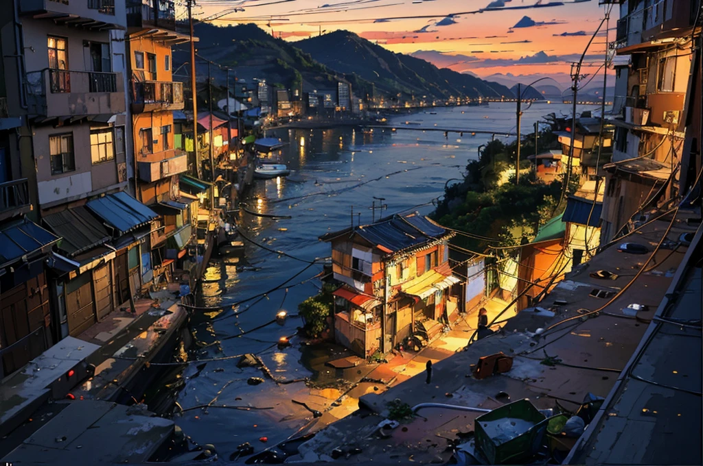 Expressive digital painting; Favela ; improvisational architecture ; tangled wire; Geographic Depth; Exposed Brick, Houses everywhere々It's full of.,Cyber City、Neon Light、night景、night、nightの都市