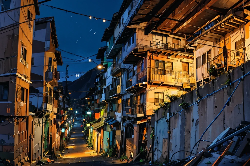 Expressive digital painting; Favela ; improvisational architecture ; tangled wire; Geographic Depth; Exposed Brick, Houses everywhere々It&#39;s full of.,Cyber City、Neon Light、night景、night、nightの都市