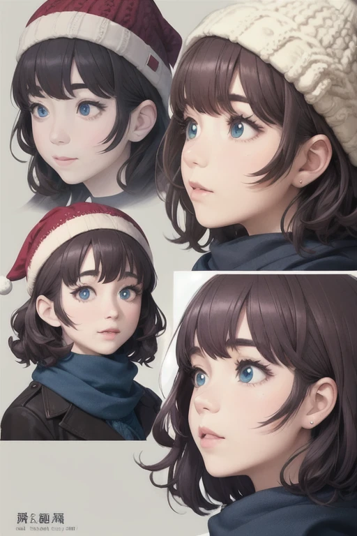 girl,Character design sheet,Beautiful attention to detail,Beautiful lip detail,Very detailed目と顔,Long eyelashes,Realistic,photoRealistic:1.37,Very detailed,Professional,Vibrant colors,Portraiture,Studio Lighting,Physically Based Rendering,High resolution,超High resolution. blue eyes,Big eyes，Long Hair，Curly hair、Black Hair，Red cheeks，Lower eyes，Knitted hat，Scarf，coat、pants，boots，profile