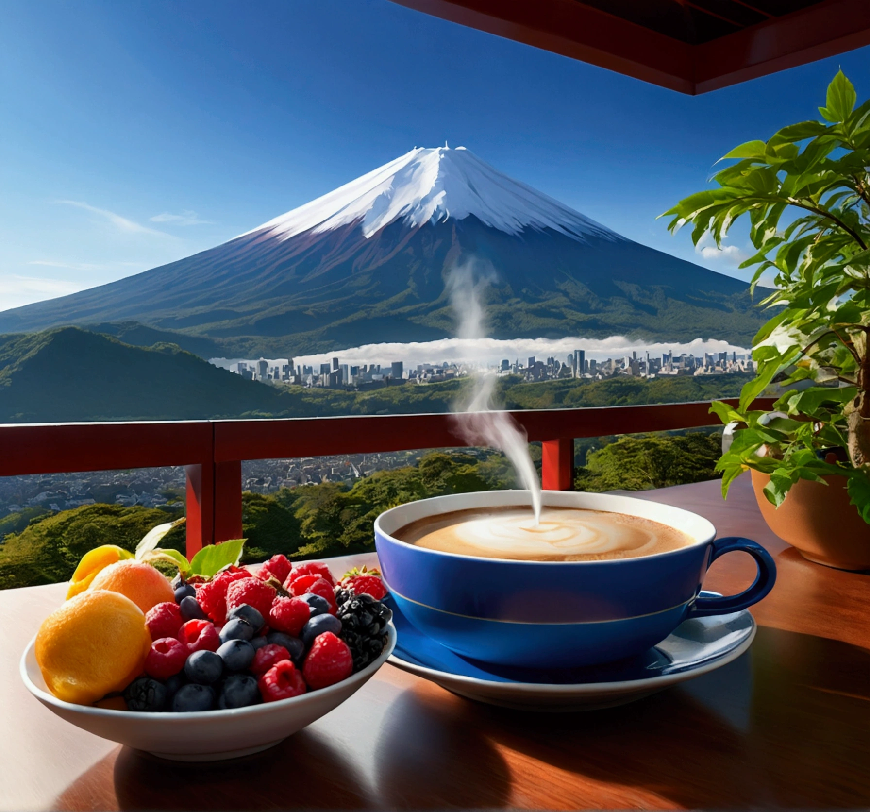 Fuji Mountain,  A cup of coffee under a bright blue sky, Steam from a cup of coffee, Berries and fruits in a bowl on a table, Outdoors at night, masterpiece, Highest quality, Very detailedな, High resolution, Very detailed, 8K Ultra HD, (Faithfulness, Faithfulness: 1.5), (Natural light), wonderful, Photon Mapping, Radio City, wonderful physically based rendering, The finer details, Highest, high quality, RAW Photos, 