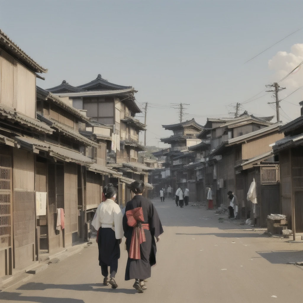 A man is walking along a dirt road carrying a blanket, artwork in the style of Gwaiz, Xin Haicheng, The background is a slum, dark. by makoto shinkai, Desolate. Digital Illustration, Digital Painting Concept Art, Matte Digital Painting, Old Asian Village, Gwaiz, illustration concept art, Jongsuk Lee Blazing flames, fire, crowd, throng, freezing, mother warming her baby.Scenery and Cityscape in the Early Meiji Era After the Meiji Restoration, Japan underwent rapid modernization and civilization. Consequently, many changes and reforms occurred. Below is a detailed explanation of the scenery, appearance of the poor, occupations, and cityscapes in the early Meiji period (1868 to the early 1880s). 2. Appearance of the Poor Life for the impoverished and lower classes remained harsh. In particular, in urban areas, people migrated from rural areas or unemployed artisans gathered, intensifying competition in the labor market. Many of them struggled with poverty, often residing in slums or around temples. 3. Occupations Meiji early Japan witnessed a diversification of occupations. Traditional agriculture and handicrafts were accompanied by the rise of modern industry and commerce. Particularly in urban areas, factory workers, shop clerks, and transporters increased, giving rise to new professions. However, many in these occupations endured harsh working conditions. 4. Influence of Civilization and Enlightenment During the Meiji era, Western cultural influences spread rapidly. Changes in clothing, dietary habits, and the proliferation of Western-style architecture advanced, especially in urban areas. Conversely, this development posed a threat to traditional culture and lifestyles, resulting in societal upheaval and adaptation challenges. 5. Social Change and Policy Influence While promoting modernization policies, the government also addressed poverty and social issues. Legislation for labor protection and charitable activities to aid the poor were implemented. Nevertheless, living conditions for the impoverished scarcely improved. The early Meiji period marked a rapid transformation i