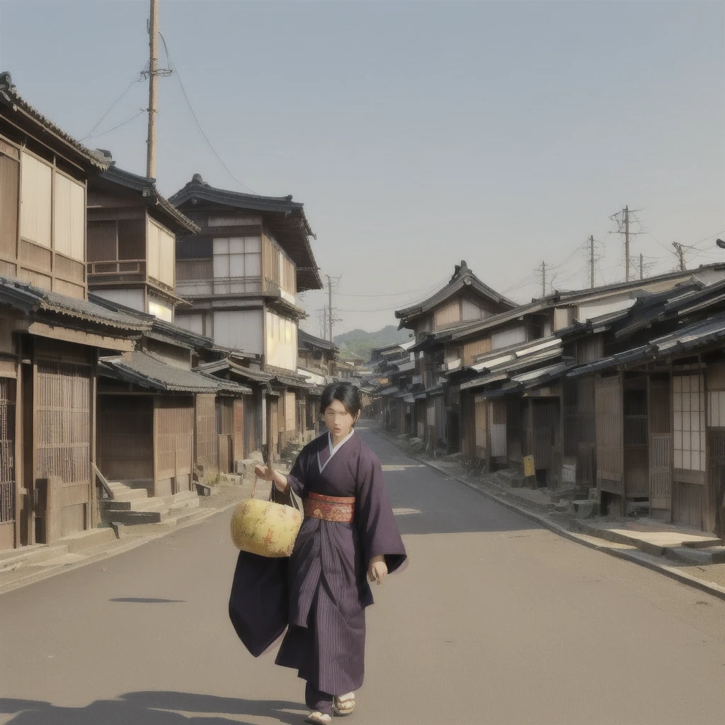 A man is walking along a dirt road carrying a blanket, artwork in the style of Gwaiz, Xin Haicheng, The background is a slum, dark. by makoto shinkai, Desolate. Digital Illustration, Digital Painting Concept Art, Matte Digital Painting, Old Asian Village, Gwaiz, illustration concept art, Jongsuk Lee Blazing flames, fire, crowd, throng, freezing, mother warming her baby.Scenery and Cityscape in the Early Meiji Era After the Meiji Restoration, Japan underwent rapid modernization and civilization. Consequently, many changes and reforms occurred. Below is a detailed explanation of the scenery, appearance of the poor, occupations, and cityscapes in the early Meiji period (1868 to the early 1880s). 2. Appearance of the Poor Life for the impoverished and lower classes remained harsh. In particular, in urban areas, people migrated from rural areas or unemployed artisans gathered, intensifying competition in the labor market. Many of them struggled with poverty, often residing in slums or around temples. 3. Occupations Meiji early Japan witnessed a diversification of occupations. Traditional agriculture and handicrafts were accompanied by the rise of modern industry and commerce. Particularly in urban areas, factory workers, shop clerks, and transporters increased, giving rise to new professions. However, many in these occupations endured harsh working conditions. 4. Influence of Civilization and Enlightenment During the Meiji era, Western cultural influences spread rapidly. Changes in clothing, dietary habits, and the proliferation of Western-style architecture advanced, especially in urban areas. Conversely, this development posed a threat to traditional culture and lifestyles, resulting in societal upheaval and adaptation challenges. 5. Social Change and Policy Influence While promoting modernization policies, the government also addressed poverty and social issues. Legislation for labor protection and charitable activities to aid the poor were implemented. Nevertheless, living conditions for the impoverished scarcely improved. The early Meiji period marked a rapid transformation i