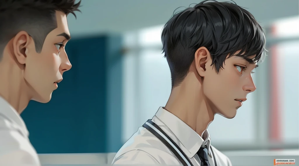 two young men of 18 years walk sad worried thoughtful through high school gray hair orange eyes