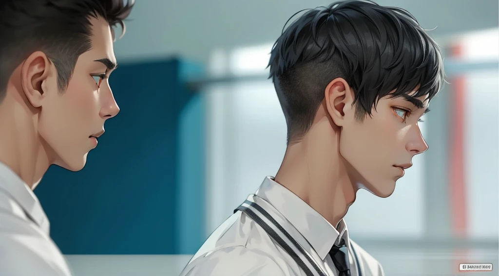 two young men of 18 years walk sad worried thoughtful through high school gray hair orange eyes