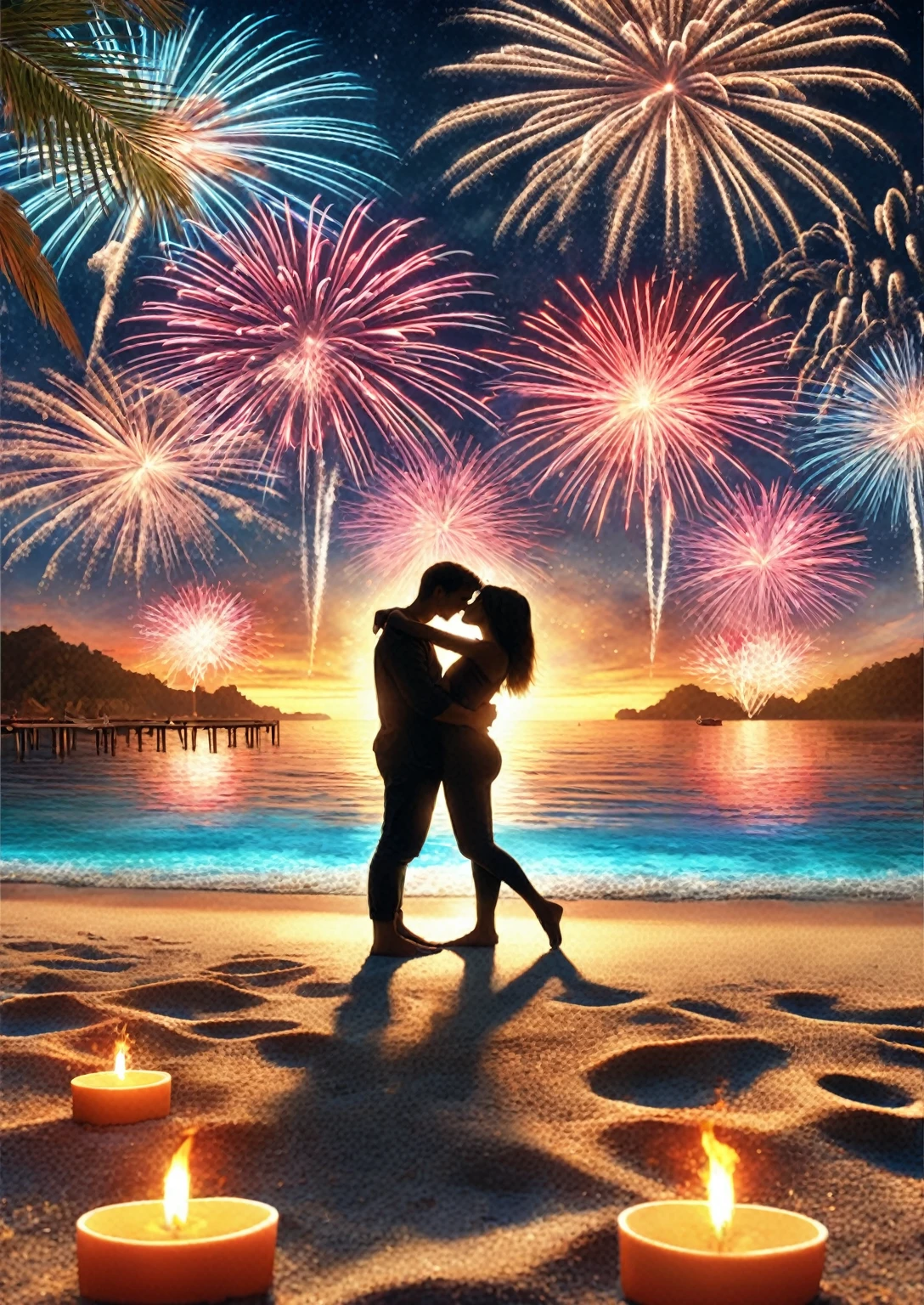 fireworks are lit up in the sky over a couple kissing on the beach, romantic painting, romantic couple, gorgeous romantic sunset, amazing background, romantic!!!, fireworks in background, couple kissing, fireworks in the background, wonderful, firework, by Alexander Kucharsky, holiday season, fireworks, !!beautiful!!, romantic, grand finale, lovely kiss, romance novel cover