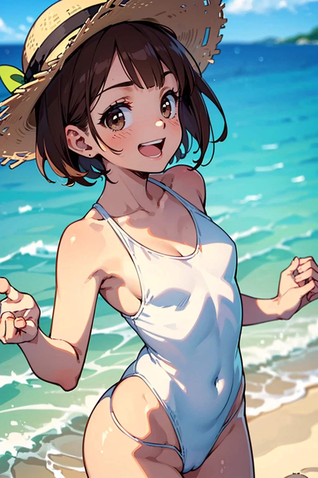 ((4K, 8k, Highest quality, Perfect Fingers:1.3, Perfect Anatomy:1.3, Blur the background)), 1 person, ((Small breasts, Cute droopy eyes, short hair, Brown Hair,)), Laughter, (Trichrome, One piece swimsuit), An angle that captures the whole body, White sand beach, smile, Open your mouth,