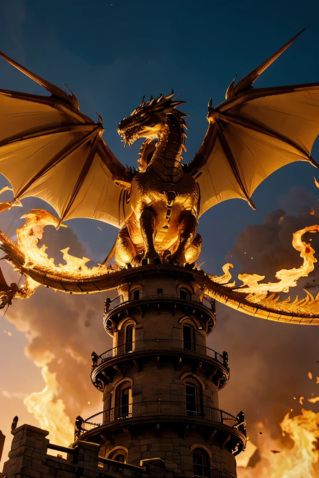 A golden fire dragon spread its wings atop the tower.