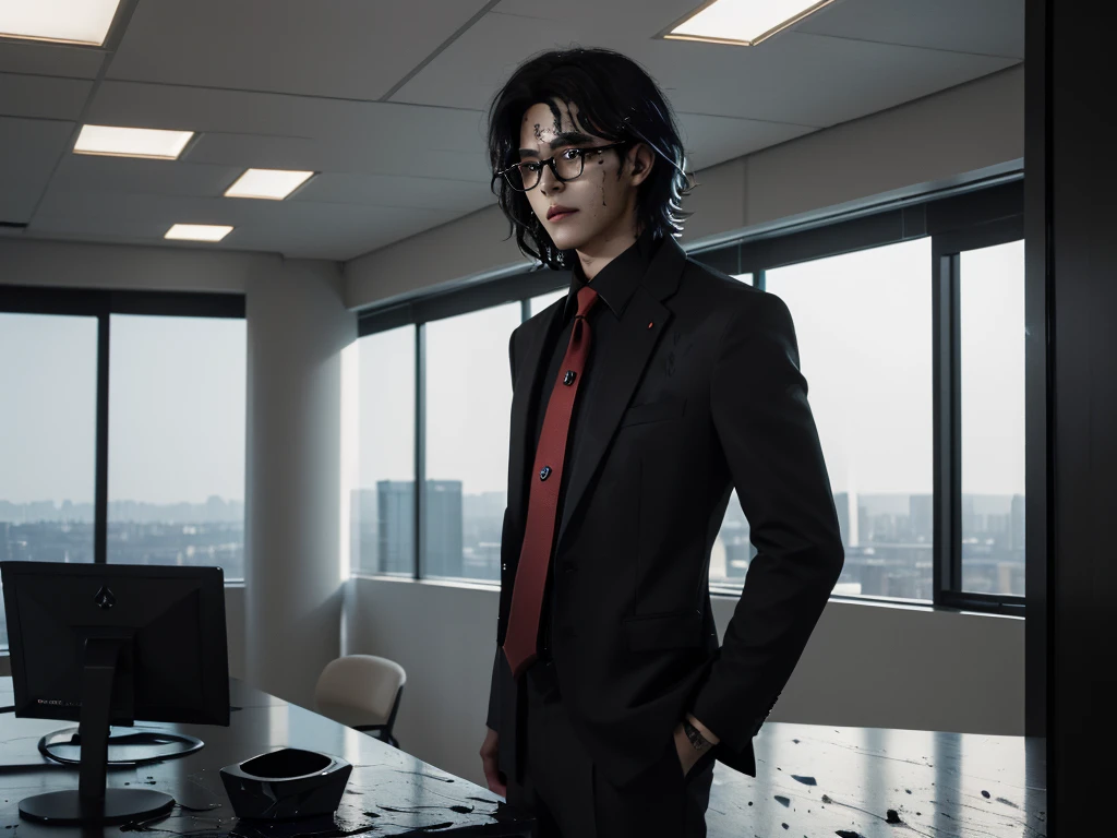 Photorealistic, dark vibes, solo, young man, Asian, 26 years, model (short obsidian black messy hair:1.5), (red tie:1.3), (all black suit:1.3), black glasses, CEO, dark lighting, foreboding, standing in luxury office, city background from windows