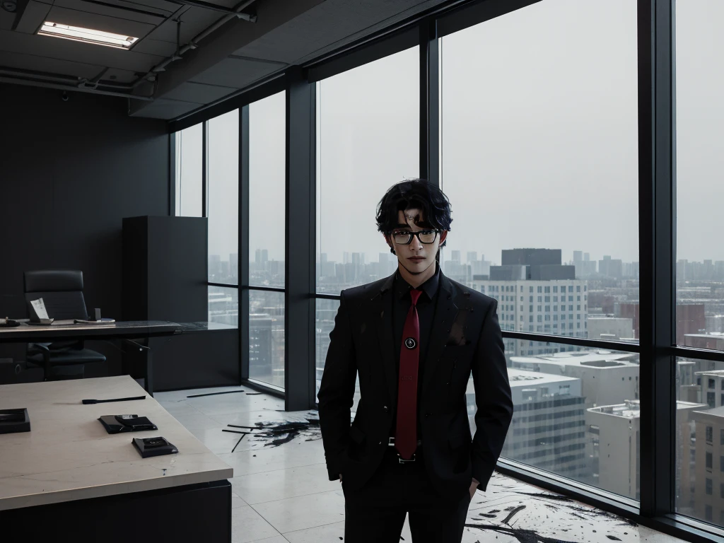 Photorealistic, dark vibes, solo, young man, Asian, 26 years, model (short obsidian black messy hair:1.5), (red tie:1.3), (all black suit:1.3), black glasses, CEO, dark lighting, foreboding, standing in luxury office, city background from windows