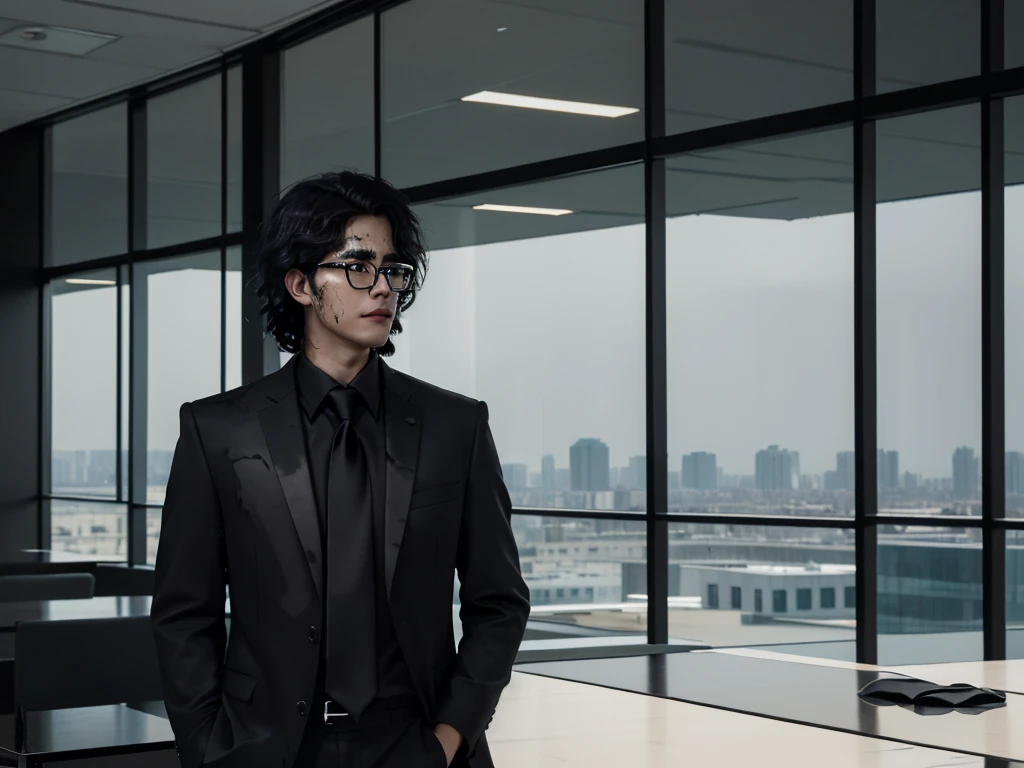 Photorealistic, dark vibes, solo, young man, Asian, 26 years, model (short obsidian black messy hair:1.5), (red tie:1.3), (all black suit:1.3), black glasses, CEO, dark lighting, foreboding, standing in luxury office, city background from windows