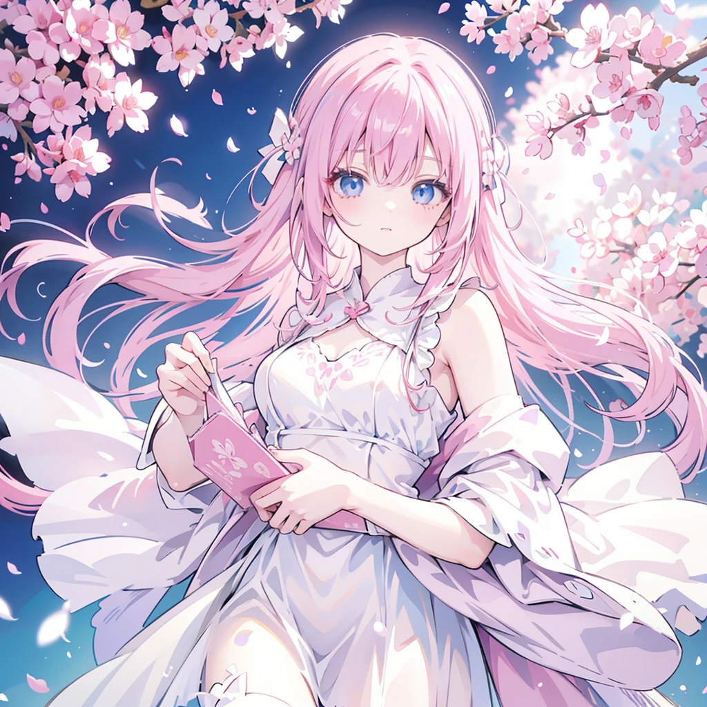 Pink hair, anime girl, long hair, cute girl, beautiful blue eyes, flower petals, pink tone, pale skin, white dress, masterpiece, HD, 4K, pink wings, angel, rose, fantasy, butterfly